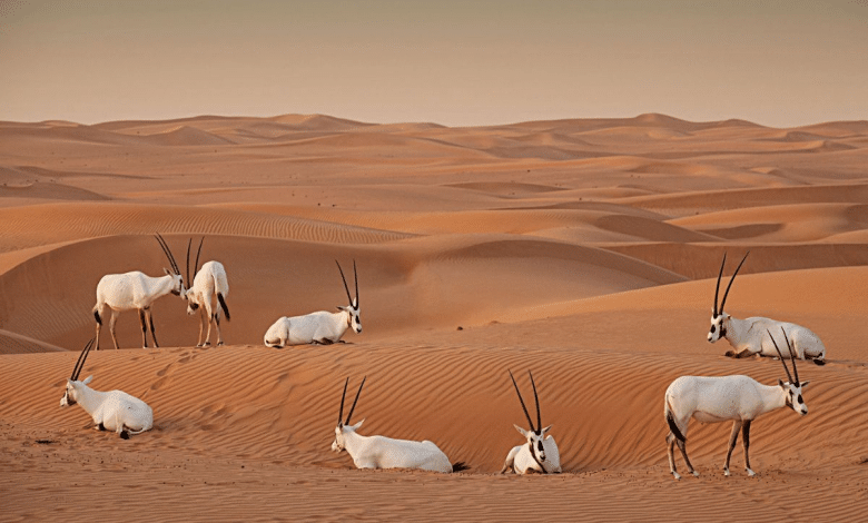قطيع من المها العربي يتجول بحرية في المحمية مع لوحة إرشادية عن مشروع إعادة التوطين في الخلفية.