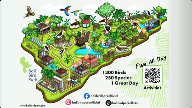 خريطة محمية الطيور Bird Sanctuary في بالي بإندونيسيا تُظهر مسارات الزيارة والأقفاص والأماكن المخصصة لمشاهدة أنواع مختلفة من الطيور وسط الحدائق