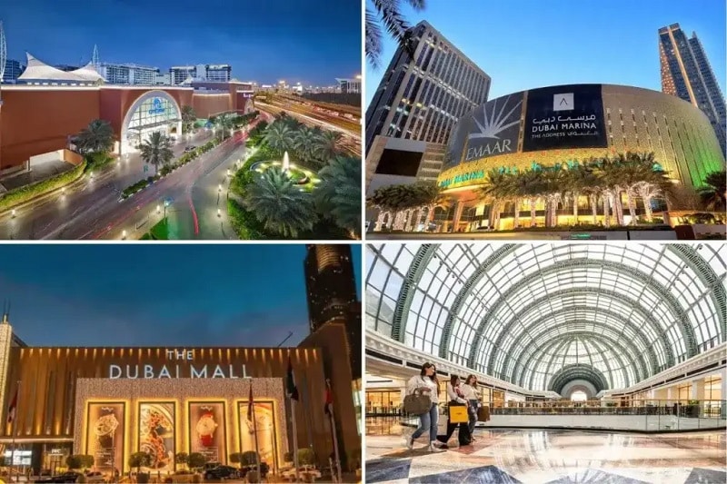 مقارنة مرئية بين أشهر مولات دبي: دبي مول الفاخر، مول الإمارات الترفيهي، ودراجون مول الاقتصادي - كل مول يقدم تجربة فريدة"